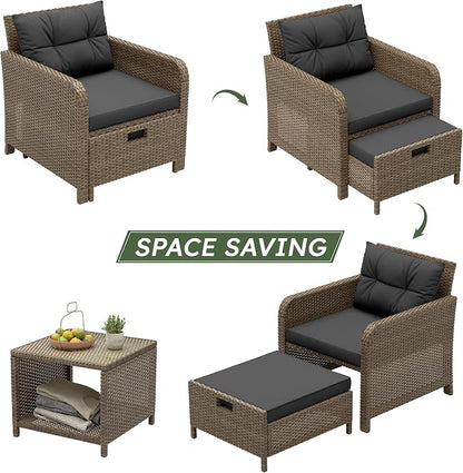 5 Piece Patio Furniture Set, PE Wicker Outdoor Furniture Set with Soft Cushions & Coffee Table, Outdoor Lounge Chairs with Ottoman for Porch, Lawn, Balcony, Yellow-Black