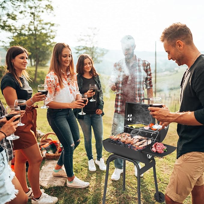 Charcoal Grills Outdoor BBQ Grill, Barrel Charcoal Grill with Side Table and Wheels, for Outdoor Backyard Camping Picnics Patio and Parties