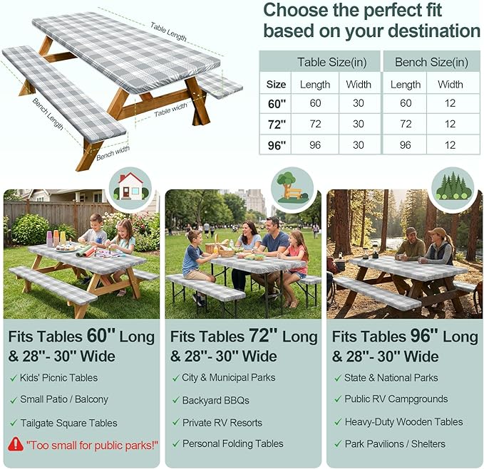Picnic Table Cover Bench Covers Camping Essentials Tablecloth | Waterproof Vinyl for Outdoor, Windproof Elastic Fitted Edges, RV BBQ Accessories Must Haves, Storage Bag Included