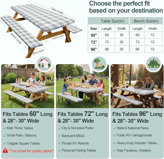 Picnic Table Cover with Bench Covers Camping Essentials Waterproof Windproof Camping Tablecloth with Drawstring Bag, Fitted Rectangle Tables and Seats, 72in, Grey Checkered