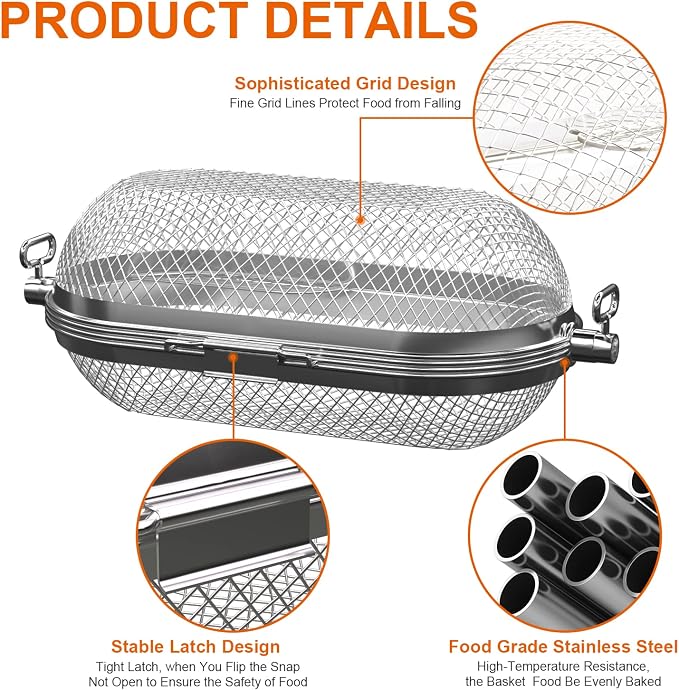 MixRBBQ Rotisserie Basket Grill Accessories, Stainless Steel Rotisserie Baskets for Napoleon 64000 Outdoor Grill, Universal Fits for Kabobs French Fries Veggies Fits