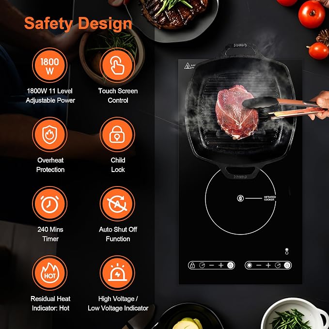 Dual Coil Design of Infrared Double Burner, 1800W Electric Ceramic Hot Plate for Cooking, 2 Burner Cooker Portable Countertop or 12inch Built-in Cooktop Radiant Stove Top, Compatible with All Cookware