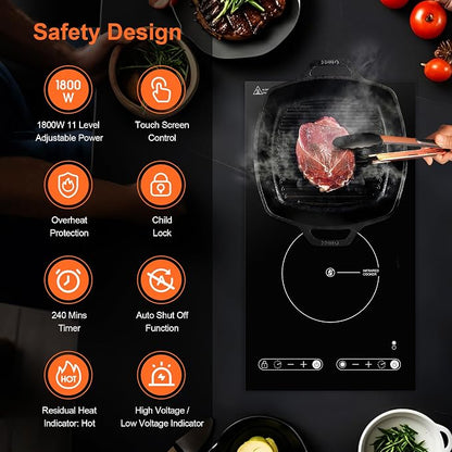 Dual Coil Design of Infrared Double Burner, 1800W Electric Ceramic Hot Plate for Cooking, 2 Burner Cooker Portable Countertop or 12inch Built-in Cooktop Radiant Stove Top, Compatible with All Cookware