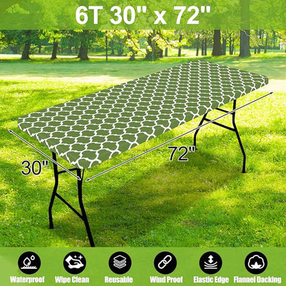 Smiry Picnic Fitted Table Cover, 6 Foot Flannel Backed Vinyl Tablecloth | Waterproof Elastic Stretch Table Cloth, Wipeable Plastic Tablecloth for Camping, Indoor & Outdoor (Green, 30" x 72")