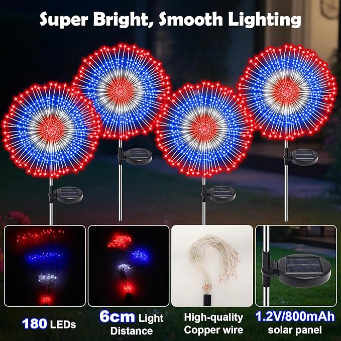 4th of July Decorations Solar Fireworks Lights, 4 Pack 180LED Red White Blue Lights with 8 Modes, Waterproof Solar Garden Light Outdoor for Memorial Day, Fourth of July, Patriotic Decorations