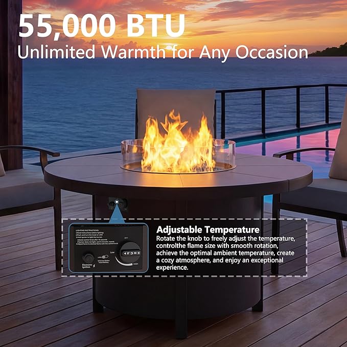 48" Round Propane Fire Pit Table,55000 BTU Round Firepit,Outdoor Fire Pit with Fire Glass,Lid,Waterproof Cover and Blue Glass Stone for Backyard,Garden,Patio