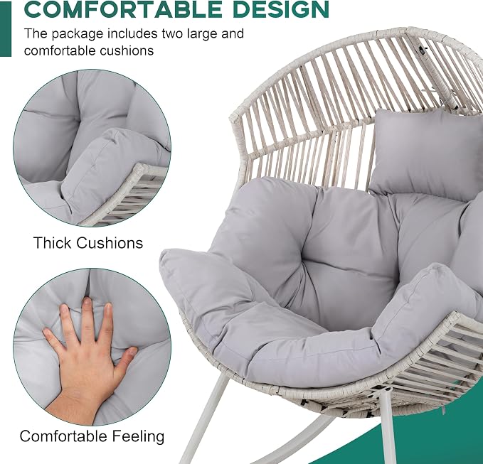 Shintenchi Egg Chair Outdoor, Oversized Outdoor Indoor Wicker Rocking Chair, Large PE Rattan Egg Rocking Chair with Cushion for Patio, Balcony, Backyard, Garden, Light Gray