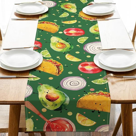 Green Mexican Food Dining Table Runner, Vegetable Fruit Taco Avocado Lime Onion Tomato Burlap Kitchen Decoration Foodie Gift, Indoor Outdoor Home Decor Party Supply 13 x 72 Inches
