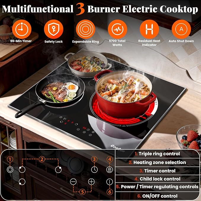 24 Inch Electric Cooktop, 3 Burner Built-in Ceramic Stove Top 220V-240V, 5700W Radiant Electric Cook Top with Touch Control, Timer, Safety Lock, 220V Hard Wired (No Plug)