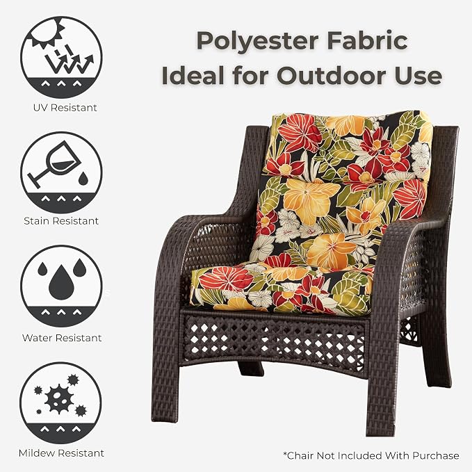 Outdoor Tufted High-Back Chair Cushions, One-Piece Hinged Seat and Back Design, Reversible with 4 Ties, Durable Polyester Fabric, Recycled Fiber Fill - Set of 2, Aloha Black Floral