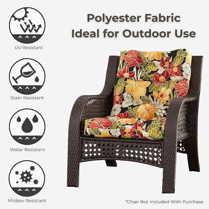 Outdoor Tufted High-Back Chair Cushions, One-Piece Hinged Seat and Back Design, Reversible with 4 Ties, Durable Polyester Fabric, Recycled Fiber Fill - Set of 2, Aloha Black Floral