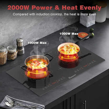 2 Burner Electric Cooktop 24 Inch 110V Plug in | Countertop and Built-in Two Burner Electric Stove Portable, Child Lock, Timer, Suitable for Rv, Dorm, Apt., 120V