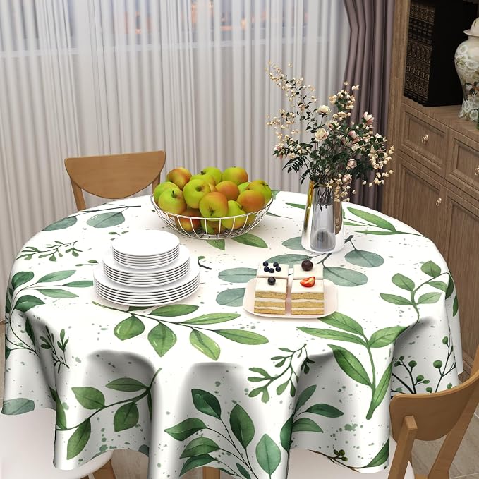 Sweetshow Spring Floral Teal Sage Green Tablecloth Round 60 Inch Watercolor Eucalyptus Leaf Round Table Cloth Wrinkle Resistant Washable Table Cover for Kitchen Dining Room Holiday Party Picnic Patio