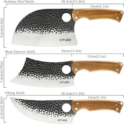 9 PCS Butcher Viking Camping Knife Set, 7" Serbian Chef Knife, 7" Butcher Meat Cleaver, 6.5" Viking Knife, 3 Knife Sheath, Honing Steel, Poultry Shears and Knife Roll Bag (Stylish Horse Pattern)