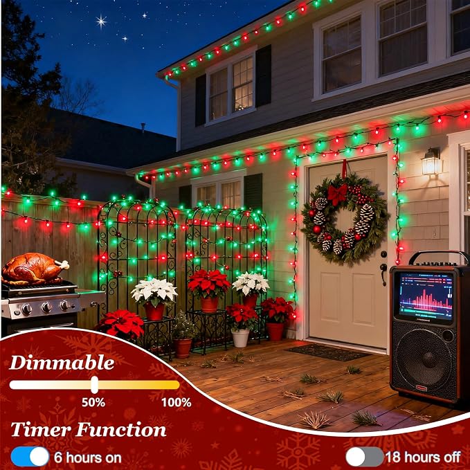 Christmas Tree String Lights 75FT 300 LED Red & Green | Dimmable, 12 Light Styles, Memory Timer, Waterproof, 29V Safe Low Voltage, Diamond-Faceted LED, Energy Efficiency