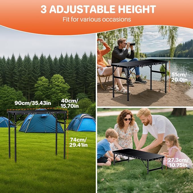FUNYKICH 3ft Aluminum Folding Camping Table, 3 Height Adjustable Max 29.4" | 35.4''x15.7'' Tabletop, Ultralight Portable Design with Carry Handle for Car Travel, Camping, Backyard, Beach & Picnic, Balck