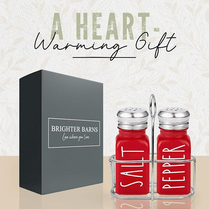 Red Salt and Pepper Shakers Set with Holder by Brighter Barns - Dining Table Decor, Modern Farmhouse Kitchen Decor - Christmas Salt and Pepper Shakers with Caddy for Restaurant, RV, Airbnb, Gift (Red)