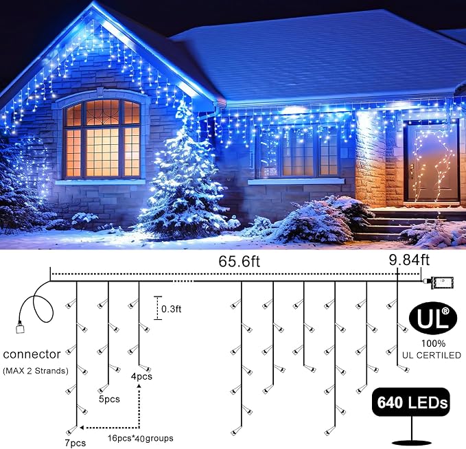 66FT Icicle Lights for Outside 640 LED Blue and White Christmas Lights | Connectable Icicle Christmas Lights Outdoor Waterproof, Plug in 8 Modes with 120 Drops for House Party Wedding Decoration