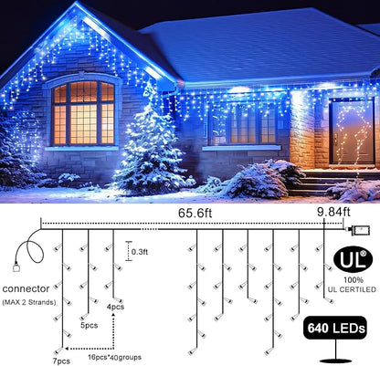 66FT Icicle Lights for Outside 640 LED Blue and White Christmas Lights | Connectable Icicle Christmas Lights Outdoor Waterproof, Plug in 8 Modes with 120 Drops for House Party Wedding Decoration