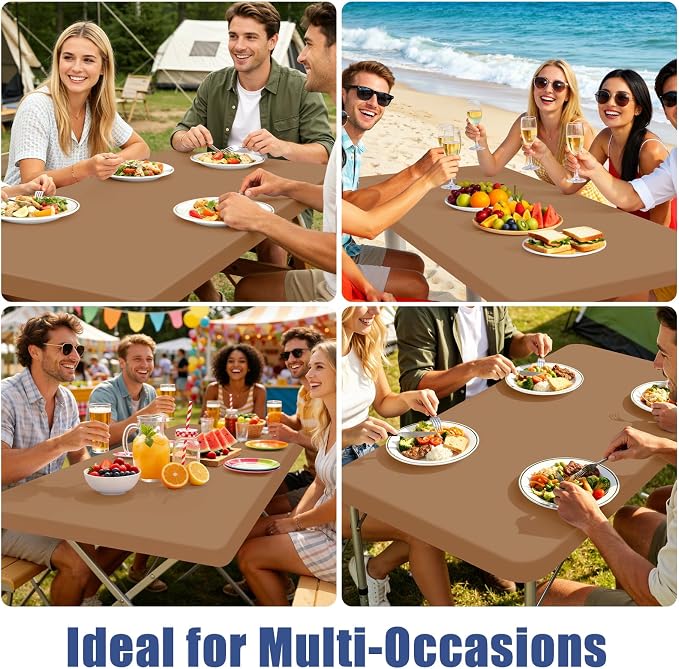 Moosfor Spandex 6 Foot Rectangle Table Cloth, Elastic Fitted Tablecloths for Picnic, Stretch Washable Patio Table Cover for Outdoor, Camping, Banquet and Parties (Light Brown, 30"x72")