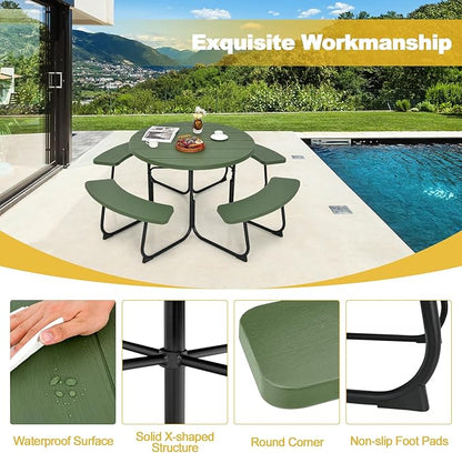 Tangkula 8 Person Picnic Table, Outdoor Round Picnic Table with 4 Built-in Benches, Umbrella Hole, Metal Frame & HDPE Tabletop, Outside Table and Bench Set for Backyard, 2300lbs Weight Capacity