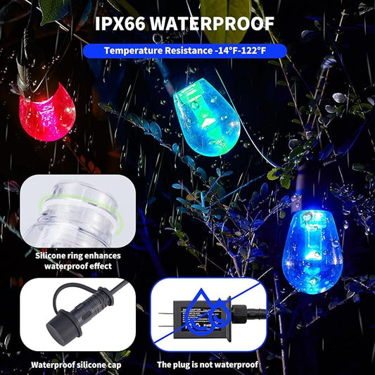 CAWWS Outdoor String Lights 100FT (2×50FT), Patio Lights with 40 Dimmable RGBW LED Bulbs, IP66 Waterproof & Shatterproof, APP & Remote Control, 24V Adapter, Color Changing Lights for Backyard Décor
