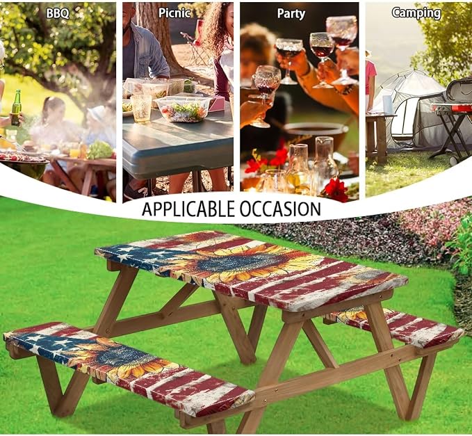 Patriotic Flag Sunflower Picnic Table and Bench Covers 3 PCS Set Camping Table Cloth for Picnic Table for Outdoor Camping