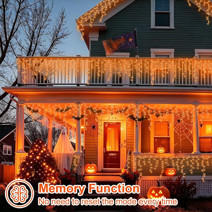 YEGUO 66ft 800 LED Orange Halloween Lights, Connetable Icicle Light Outdoor Waterproof, 8 Modes Christmas Lights Indoor Plug in for Thanksgiving House Patio Fall