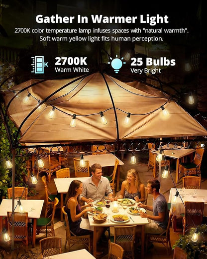 VIPAR String Lights Outdoor 50FT LED Patio Lights Outdoor Waterproof with 25+2 Shatterproof ST38 Edison Bulbs, Outside Hanging Light for Porch, Garden, Backyard, Deck, Balcony, Decor, 2700K Dimmable