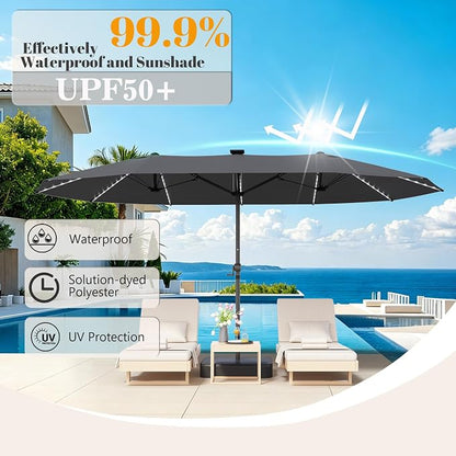 GDPFN 15ft Rectangular Patio Umbrella with Solar LED Lights, Double-Sided Outdoor Market Umbrella with Base Included, Extra Large Shade for Pool, Deck, Backyard, Garden, Dark Gray