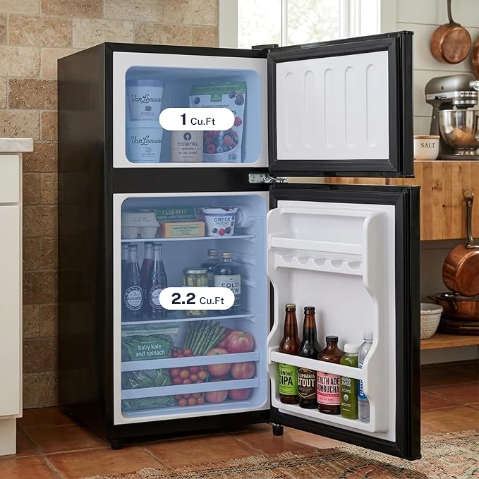 3.2 Cu.Ft Mini Fridge with Freezer, 2 Door Small Refrigerator with Adjustable Thermostat Energy-efficient Low Noise, Compact Fridge for Bedroom, Office, Dorm, Matte Black