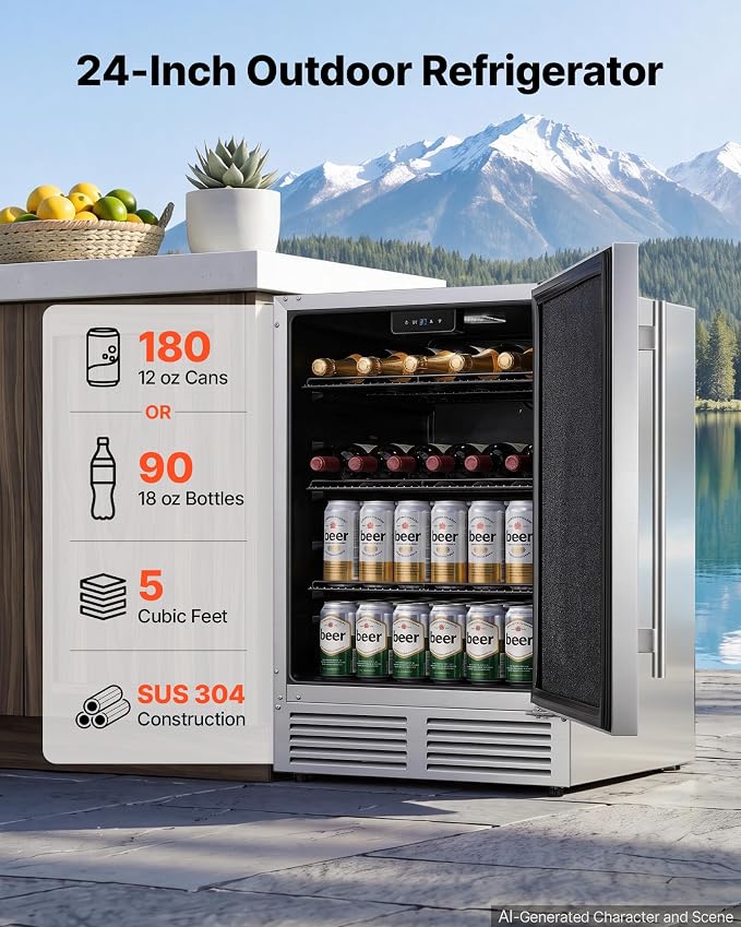 VEVOR Outdoor Beverage Refrigerator, 24 Inch Undercounter Drink Fridge | 304 Stainless Steel Body, 5.0 Cu. Ft, Hold 180 Cans, Powerful Cooling System, Built-in / Freestand Cooler, Home Bar & Patio