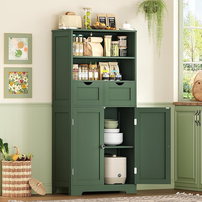 Iwell Bathroom Storage Cabinet with Adjustable Shelf, Storage Cabinet with Doors, Kitchen Pantry Storage Cabinets, Cupboard, for Living Room, Dining Room, Entryway, Green