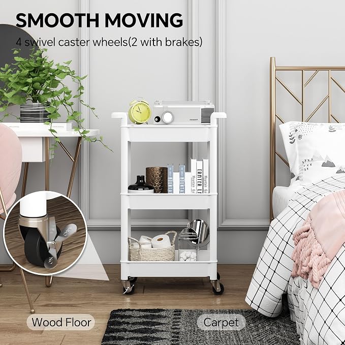 Steehoom 3-Tier Utility Rolling Cart with Cover Top Board, Mobile Utility Cart with Lockable Casters Multi-Functional Storage Trolley for Office, Bathroom, Kitchen, Garden, Laundry Room (White)