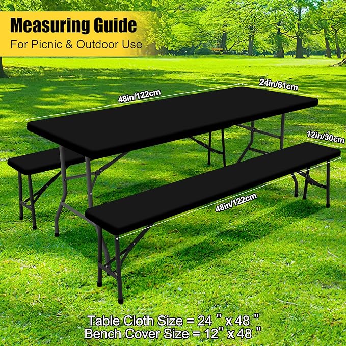 Smiry Picnic Table Cover with Bench Covers, Waterproof Elastic Fitted Polyester Tablecloths for 4 Ft Rectangle Tables, Washable Windproof Tablecloth for Camping, RV & Outdoor (Black, 24x48 Inches)