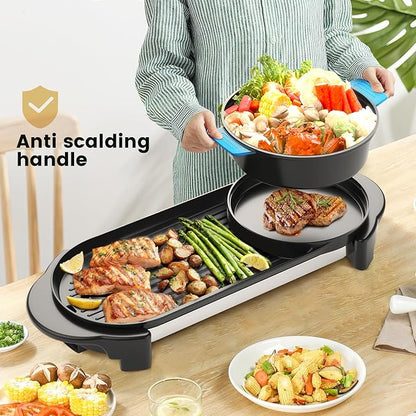 Electric Hot Pot with Grill Indoor Korean BBQ Grill Shabu-shabu Hotpot, Removable Hotpot Pot W/Large Capacity Baking Tray, Smokeless Non-Stick, 5-Gear Adjustable Temperature, 1-6 People 110V