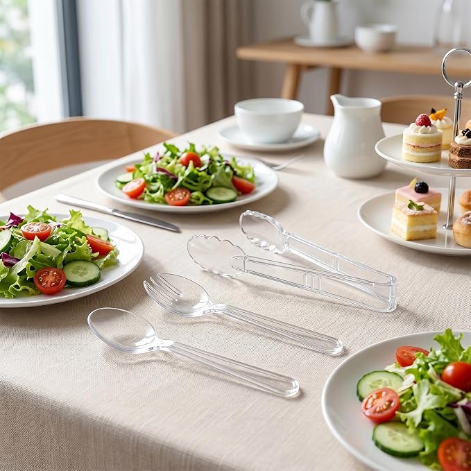 24 Pcs Clear Plastic Serving Utensils Set, Elegant Disposable Serving Spoons & Forks, Heavy Duty Party Tableware for Wedding, Birthday Party, Baby Shower, Buffet, Catering & Special Events