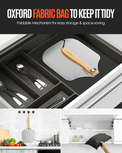 Mooues Pizza Peel Aluminum 17 inch Pizza Spatula with Rocker Cutter | Metal Pizza Paddle(12"x 17") Foldable Wood Handle, [Storage bag included], for Family Pizza Oven Baking Pizza, Dough& Pastry