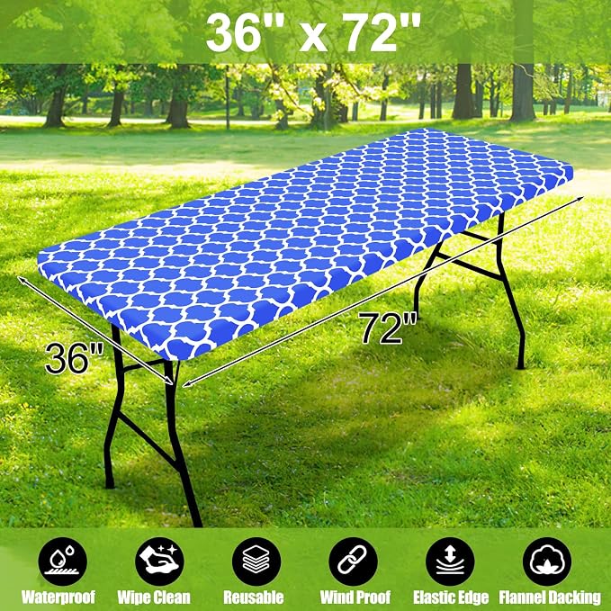 Smiry Picnic Fitted Table Cover, 6 Foot Flannel Backed Vinyl Tablecloth | Waterproof Elastic Stretch Table Cloth, Wipeable Plastic Tablecloth for Camping, Indoor & Outdoor (Blue, 36" x 72")