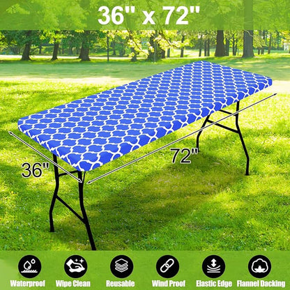 Smiry Picnic Fitted Table Cover, 6 Foot Flannel Backed Vinyl Tablecloth | Waterproof Elastic Stretch Table Cloth, Wipeable Plastic Tablecloth for Camping, Indoor & Outdoor (Blue, 36" x 72")