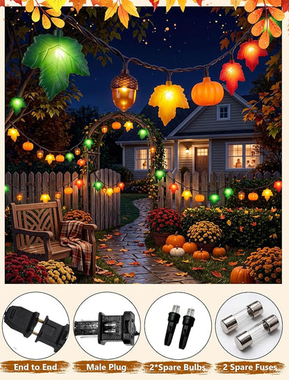 8.5Ft Fall Decor String Lights, 10 LED 3D Pumpkin Acorn Maple Leaf Plug in | End-to-end Connectable, Waterproof & UL Listed Vintage Bedroom Autumn Party Harvest Fall Halloween Thanksgiving Decorations