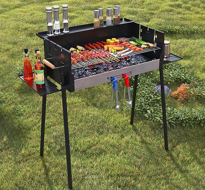 Charcoal Grill, Barbecue Charcoal Grill, Foldable Storage Shelf, 3 Gear Adjustable Temperature BBQ Grill, Metal Folding Portable BBQ Tool Kits, Outdoor Grill Tools for Camping Picnics Traveli