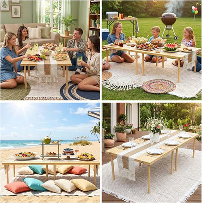 60"x30" Portable Boho Wooden Low Folding Picnic Table for Indoor Outdoor | Comes with Table Runner, Stable 8-leg Support & Thickened Structure, Thick Painted Tabletop Easy to Wipe, Fits 4-6 People