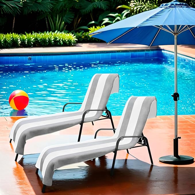 Superior Cabana Cotton Lounge Chair Cover, Outdoor Towel, Terry Cloth, Beach, Spa, Swim Accessories, Pool Chair Cover, Soft, Quick Drying, 32" x 102", Set of 2, Light Grey