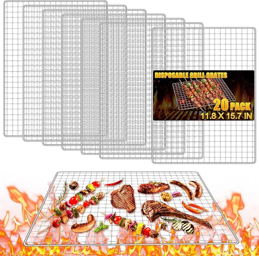 20 Pack Disposable Grill Topper, 11.8 X 15.8 Inch Disposable Grill Grates, Stainless Steel Barbecue Mesh Mat, BBQ Roasting Racks, Baking Rack Grid Grates for Camping Picnics Outdoor BBQ
