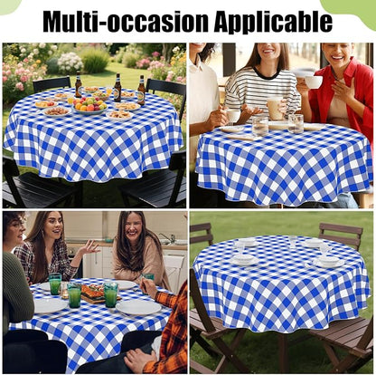 Smiry Picnic Table Cloth, Vinyl Tablecloths with Flannel Backing, 60" Round | Waterproof Picnic Table Cloth, Wipeable Buffalo Plaid Table Cover for Indoor and Outdoor (Blue & White)