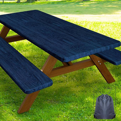 Smiry Picnic Table Cover with Bench Covers, Waterproof Elastic Fitted Tablecloth for 6 Foot Tables, Washable Polyester Tablecloths for Camping, Indoor & Outdoor (Navy & Black, 30x72 Inch 3-pc Set)