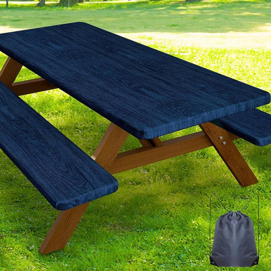 Smiry Picnic Table Cover with Bench Covers, Waterproof Elastic Fitted Tablecloth for 8 Foot Tables, Washable Polyester Tablecloths for Camping, Indoor & Outdoor (Navy & Black, 30x96 Inch 3-pc Set)