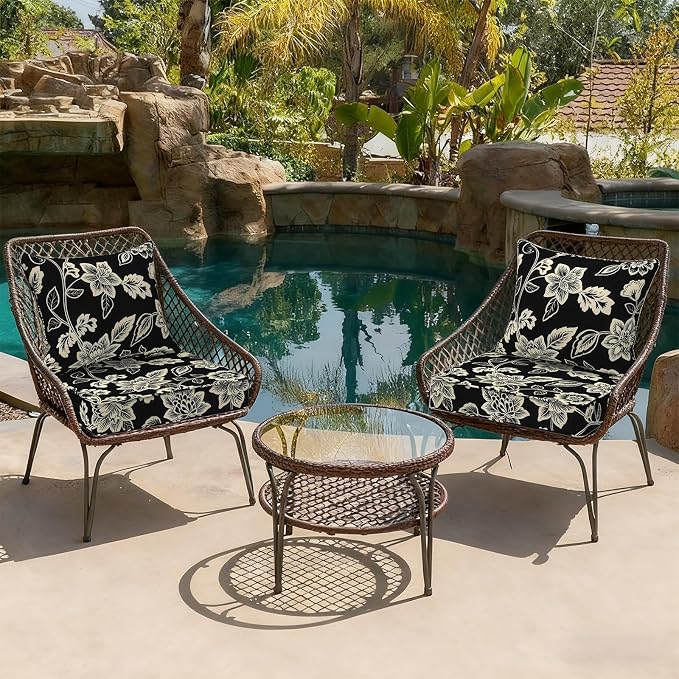 DYTXIII Outdoor Deep Seat Cushion Set, Water Repellent 22"x22" Patio Thick Cushions Replacement with Seat & Back Pillow for Patio Sofa, Wicker Chair, Couch - Vines Black