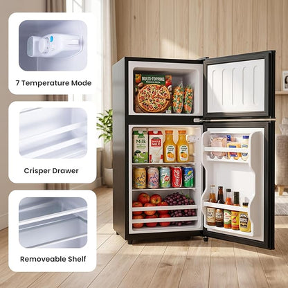 3.2 Cu.Ft Mini Fridge with Freezer, 2 Door Small Refrigerator with Adjustable Thermostat Energy-efficient Low Noise, Compact Fridge for Bedroom, Office, Dorm, Black